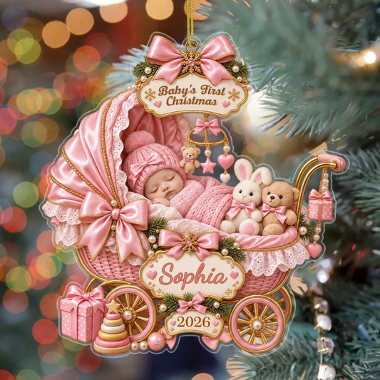 BabySleepingInCarriage_PersonalisedGiftAcrylicOrnamentForNewborns