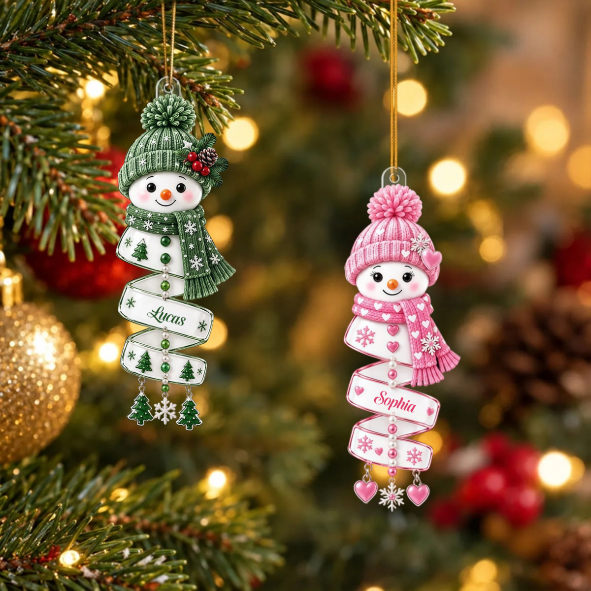 ChristmasSnowmanSpiralStyleCustomNames_PersonalisedGiftAcrylicOrnamentForFamily