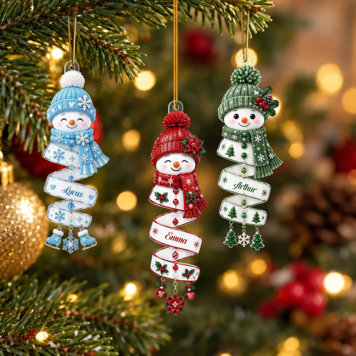 ChristmasSnowmanSpiralStyleCustomNames_PersonalisedGiftAcrylicOrnamentForFamily_2