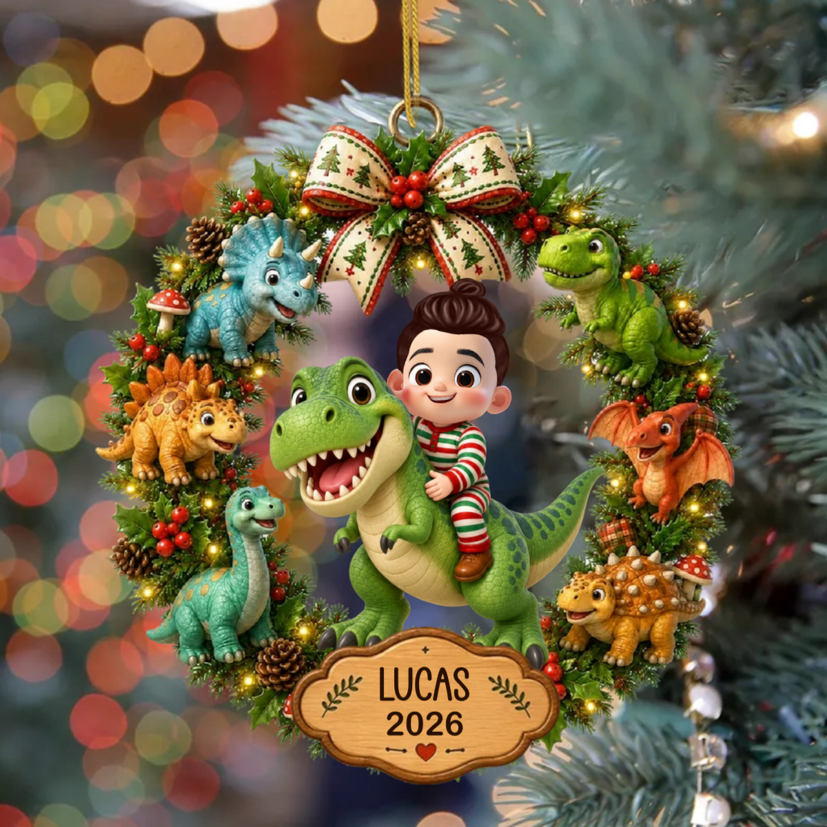 CuteCartoonKidWithDinosaurWreath_PersonalisedGiftAcrylicOrnamentForKids