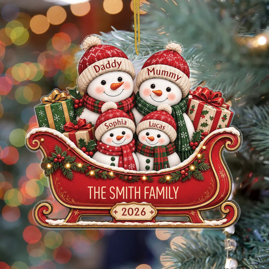 SnowmanFamilySleigh_PersonalisedGiftAcrylicOrnamentForFamily