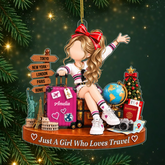 TravelLoverGirl_PersonalisedGift AcrylicOrnamentForTravelLovers