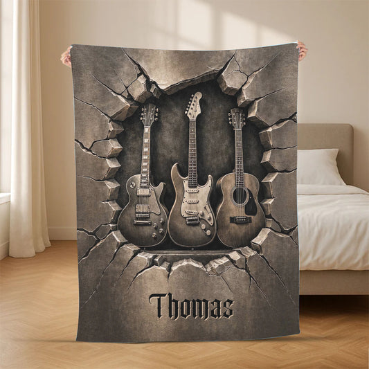 VintageGuitarStoneCrackCustomName_PersonalisedGiftBlanketForHim_Musicians