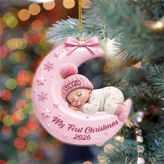 BabyOnMoonUniqueChristmasGift_PersonalisedGiftAcrylicOrnamentForNewborn