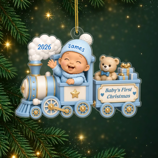 BabyOnToyTrainFirstChristmas_PersonalisedGiftAcrylicOrnamentForNewborn