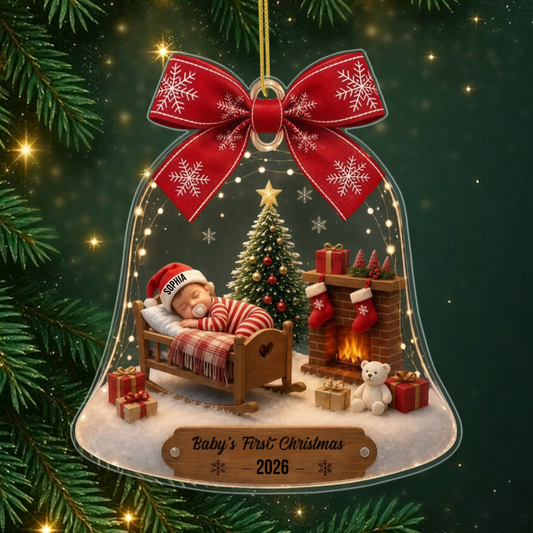 Baby_sFirstChristmas_PersonalisedGift AcrylicBellChristmasOrnamentForNewParents