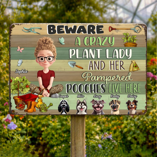 BewareCrazyPlantLady_HerSpoiledRottenDogs_PersonalisedGiftMetalSignForPlantLovers_DogMum_3