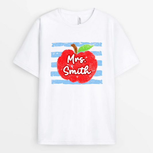Coastal_Apple_Pencil_Stripes_Back_To_School_Personalised_Gift_T Shirt_For_Teacher
