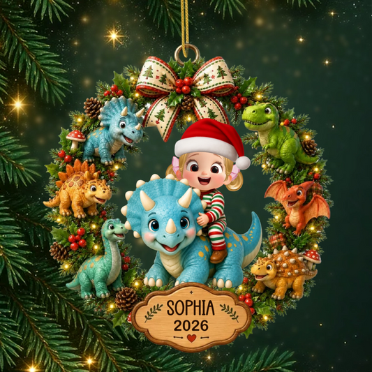 CuteCartoonKidWithDinosaurWreath_PersonalisedGiftAcrylicOrnamentForKids_2