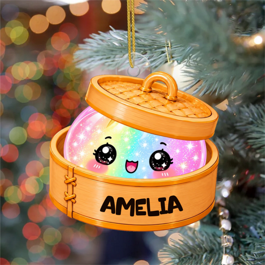 CuteDumplingInSteamerBasket_PersonalisedGiftAcrylicOrnamentForFamily