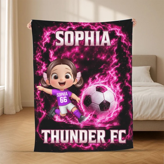 CuteKidFootballPlayerCustomNameAndTeamName_PersonalisedGiftBlanketForChildren
