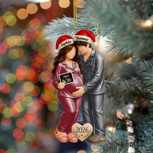 PregnancyCoupleInSantaHatsWithUltrasound_PersonalisedGiftAcrylicOrnamentForExpectingParents