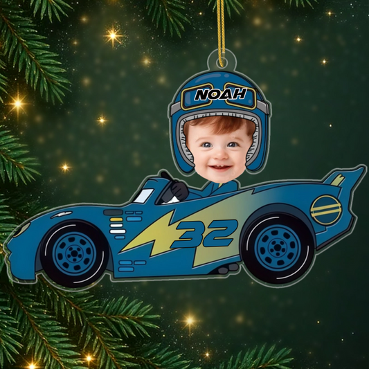 SportsCarWithPhoto_PersonalisedGift AcrylicChristmasOrnamentForFutureRaceCarDriverChild